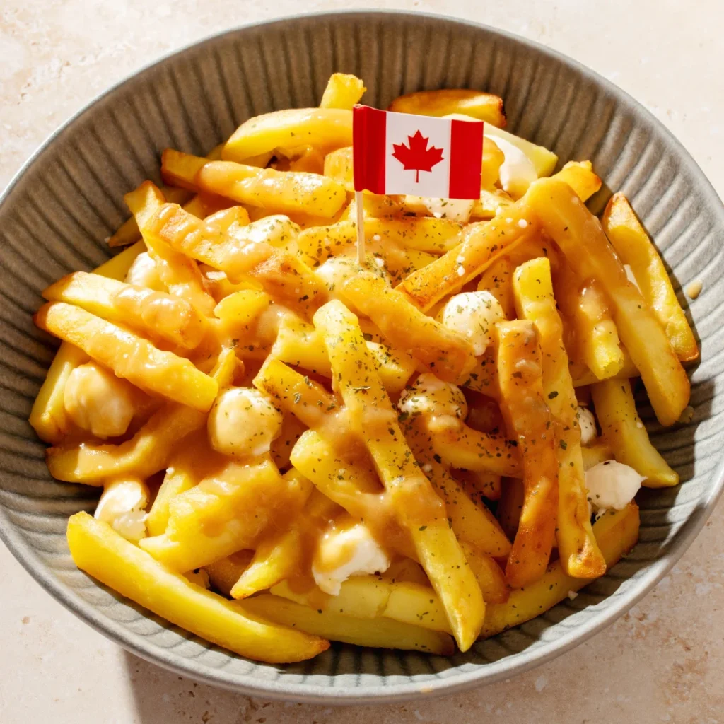 Batatas fritas cobertas com queijo coalho e molho gravy fumegante
